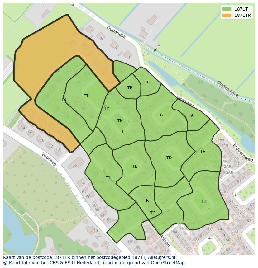 Afbeelding van het postcodegebied 1871 TR op de kaart.