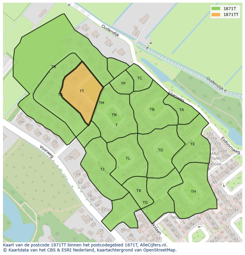 Afbeelding van het postcodegebied 1871 TT op de kaart.