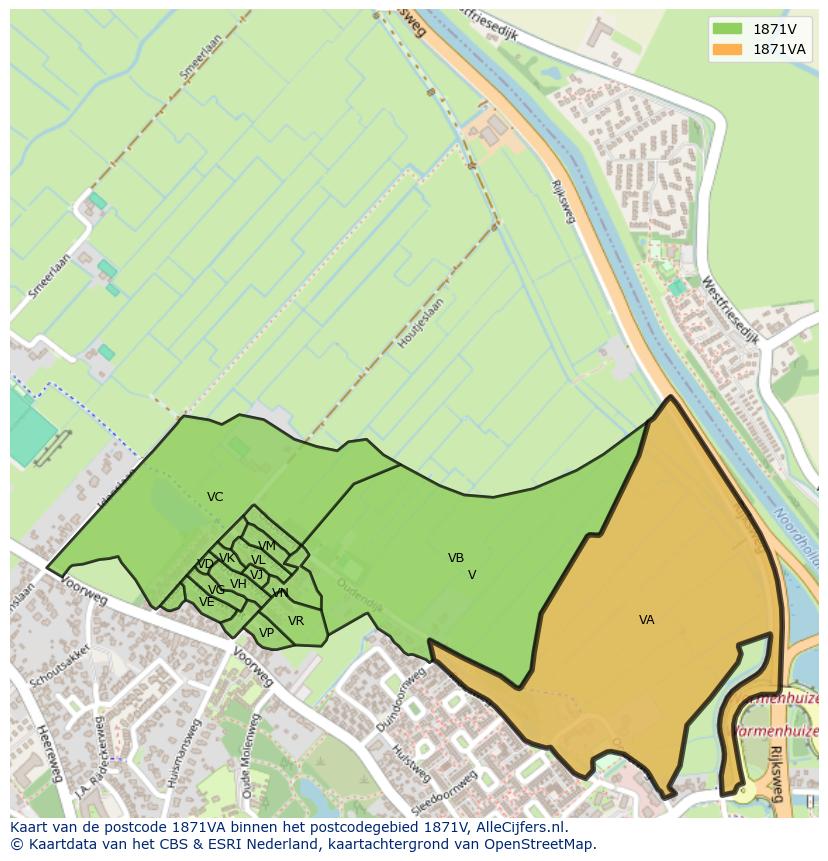 Afbeelding van het postcodegebied 1871 VA op de kaart.