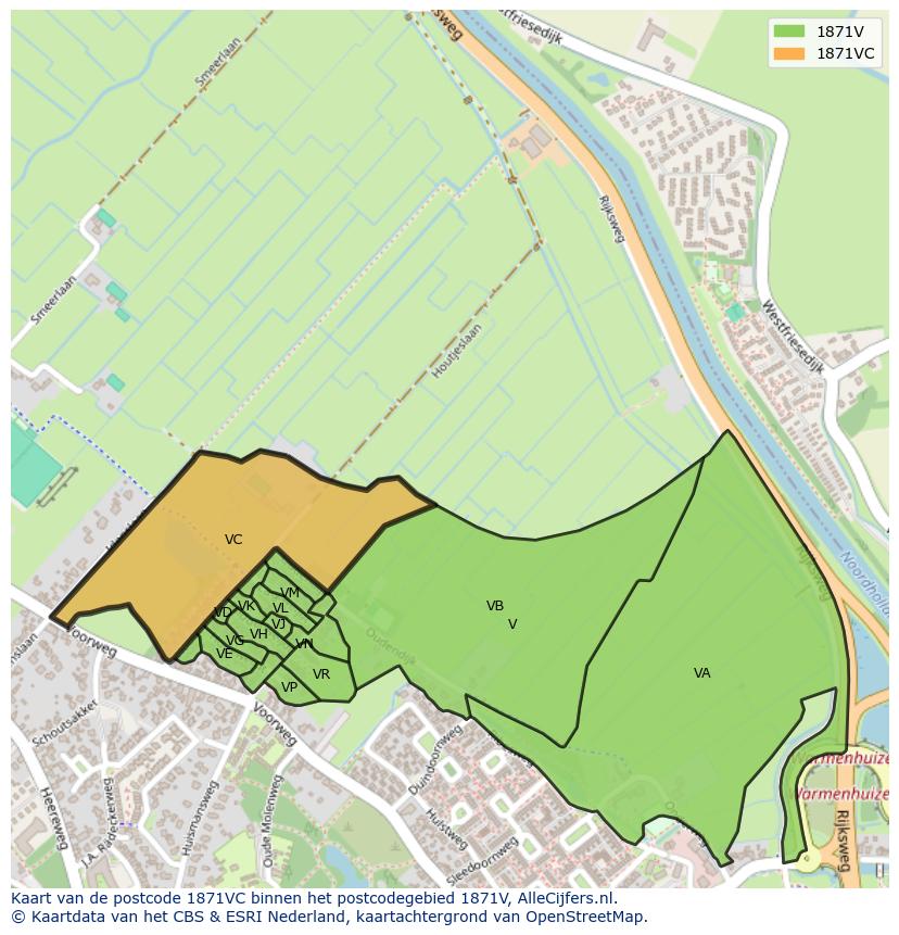 Afbeelding van het postcodegebied 1871 VC op de kaart.