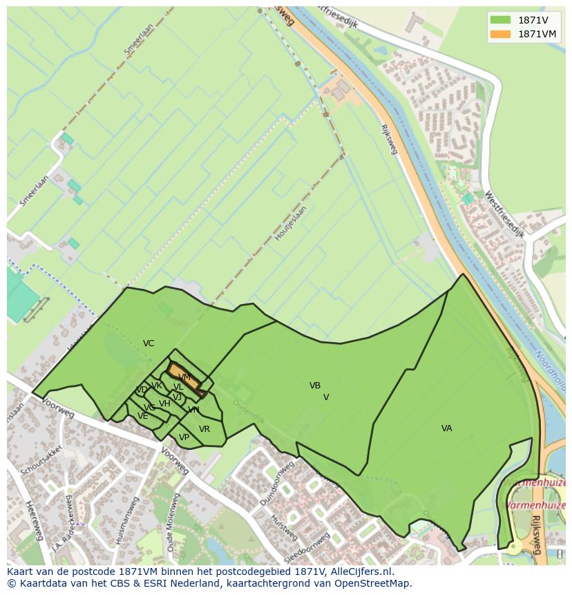 Afbeelding van het postcodegebied 1871 VM op de kaart.