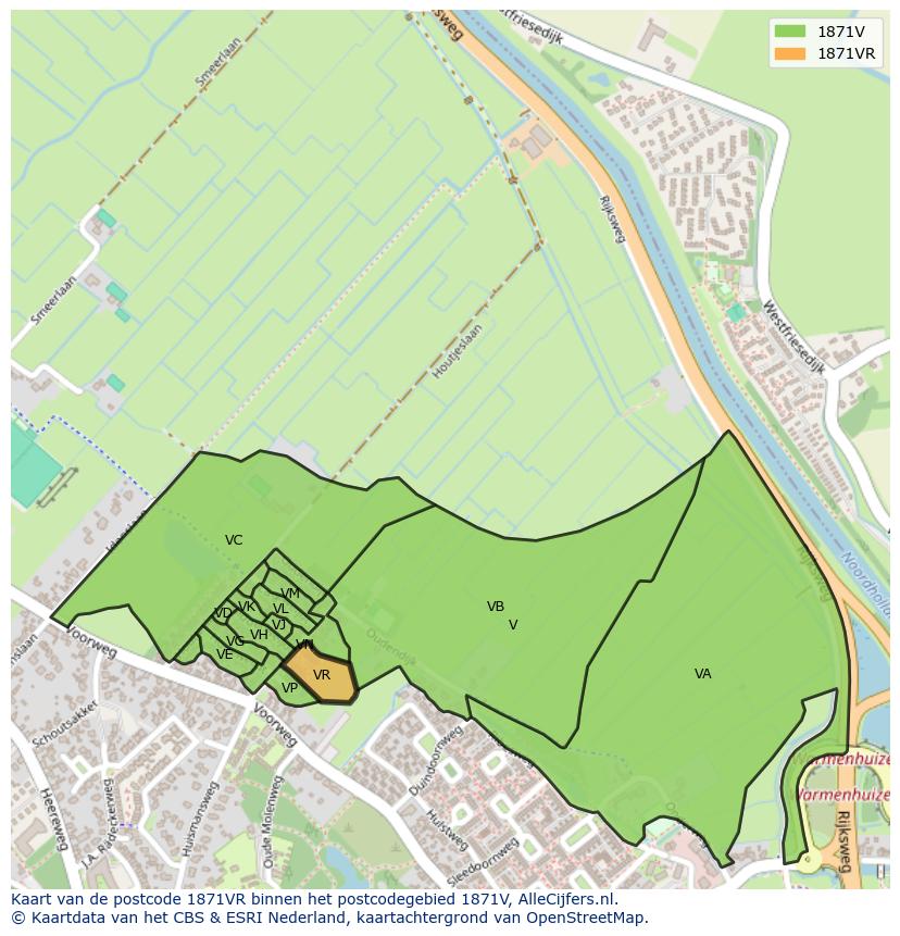 Afbeelding van het postcodegebied 1871 VR op de kaart.