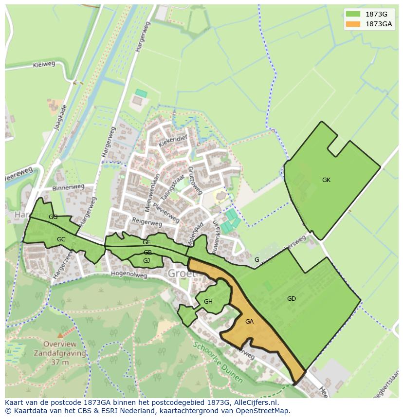 Afbeelding van het postcodegebied 1873 GA op de kaart.
