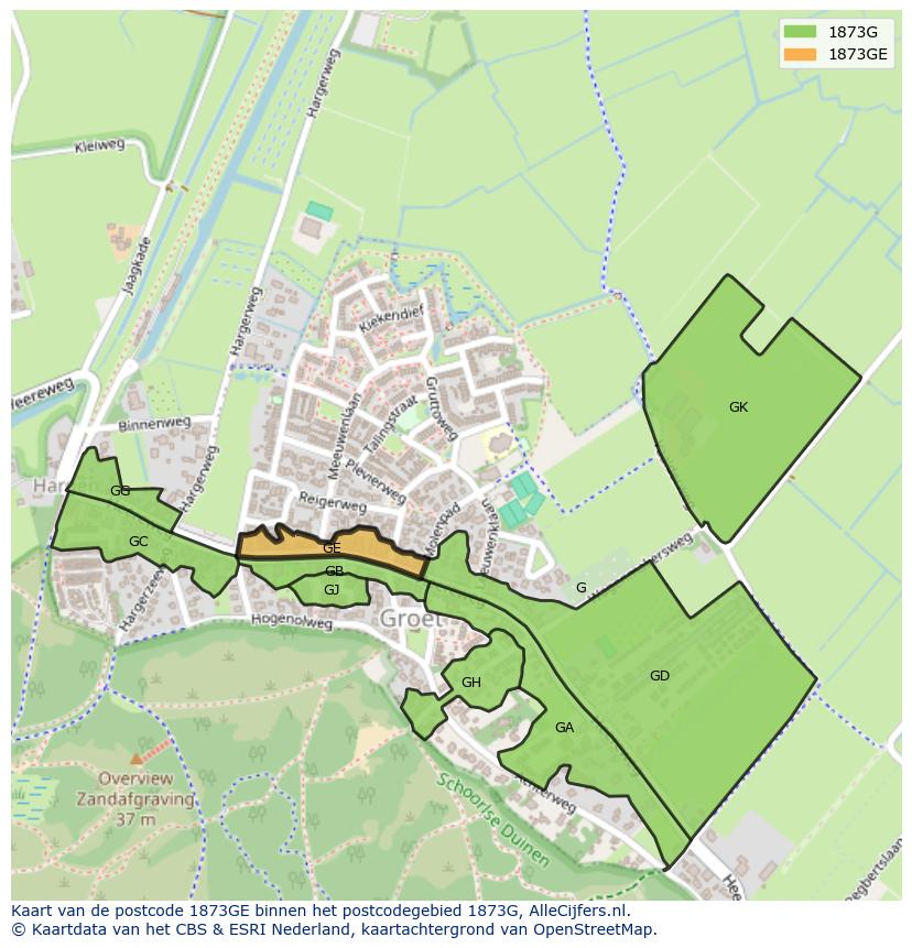 Afbeelding van het postcodegebied 1873 GE op de kaart.