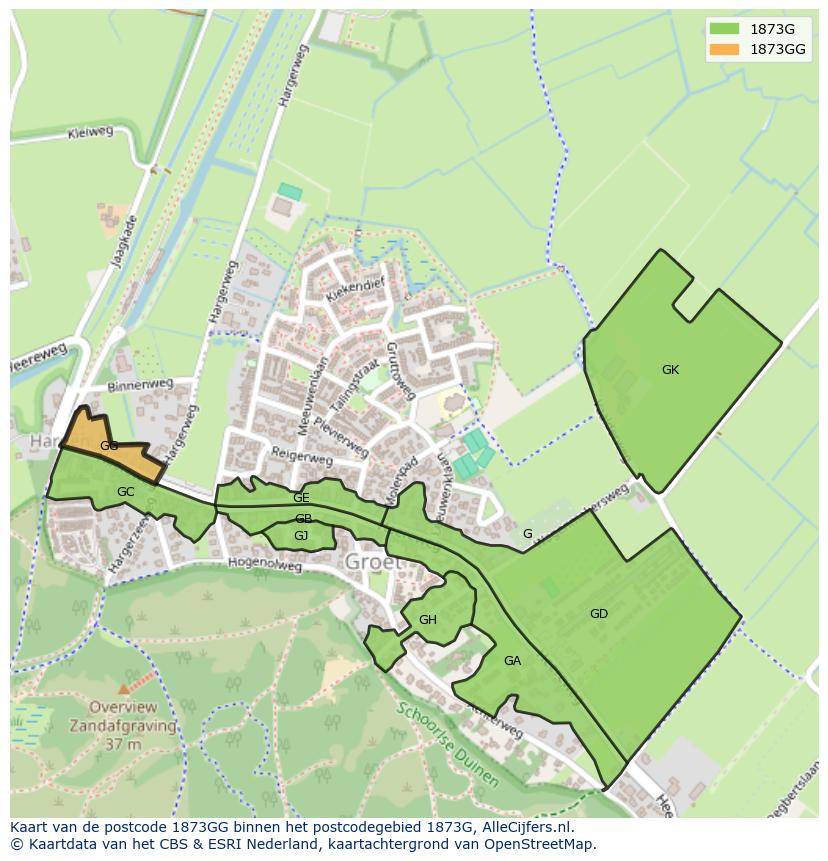 Afbeelding van het postcodegebied 1873 GG op de kaart.