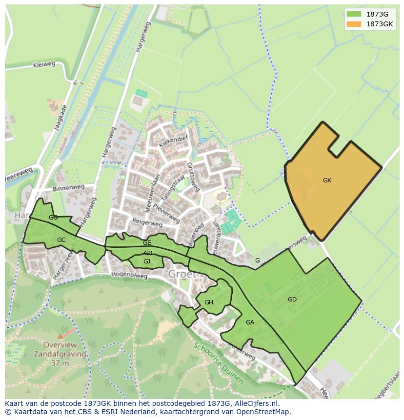 Afbeelding van het postcodegebied 1873 GK op de kaart.