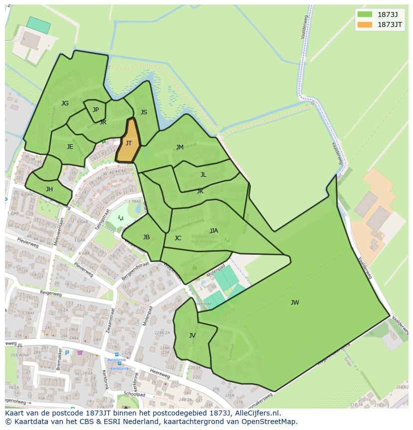 Afbeelding van het postcodegebied 1873 JT op de kaart.