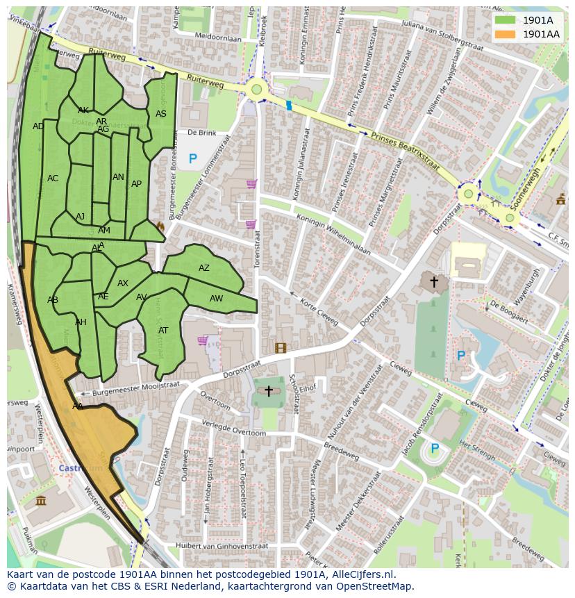 Afbeelding van het postcodegebied 1901 AA op de kaart.