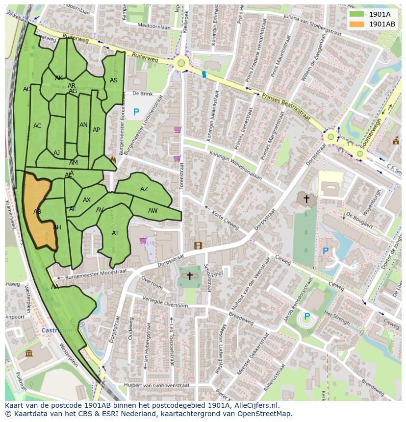 Afbeelding van het postcodegebied 1901 AB op de kaart.