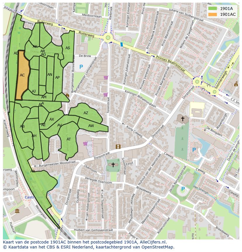 Afbeelding van het postcodegebied 1901 AC op de kaart.