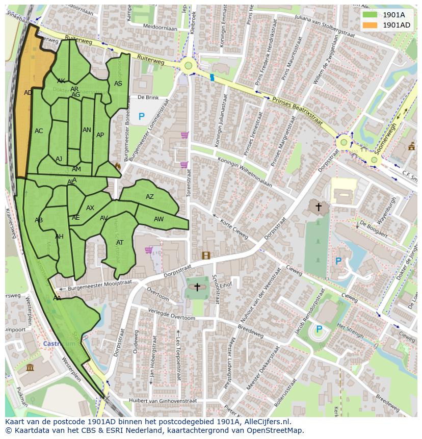 Afbeelding van het postcodegebied 1901 AD op de kaart.