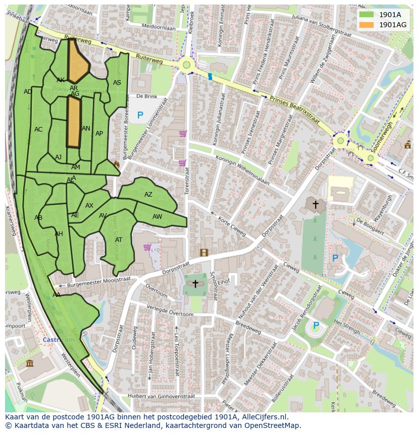Afbeelding van het postcodegebied 1901 AG op de kaart.