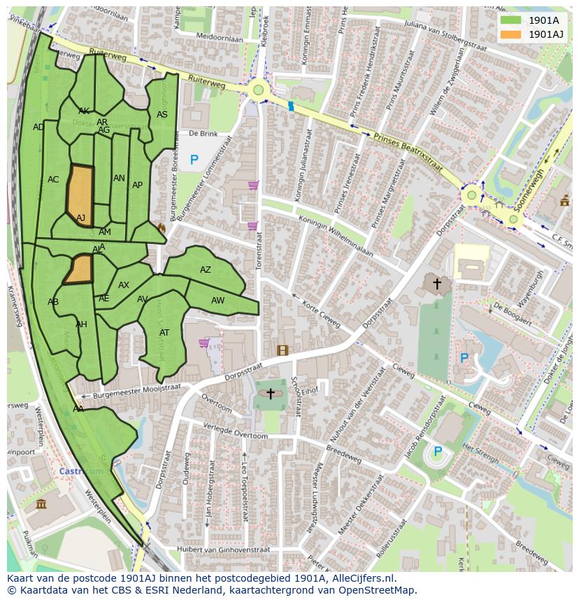 Afbeelding van het postcodegebied 1901 AJ op de kaart.