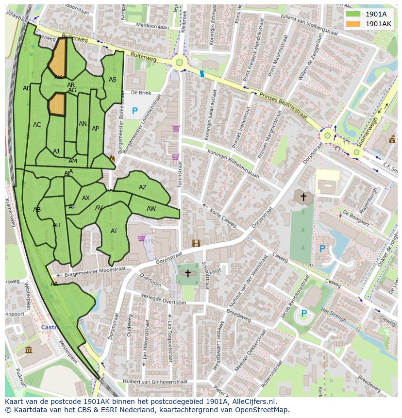 Afbeelding van het postcodegebied 1901 AK op de kaart.