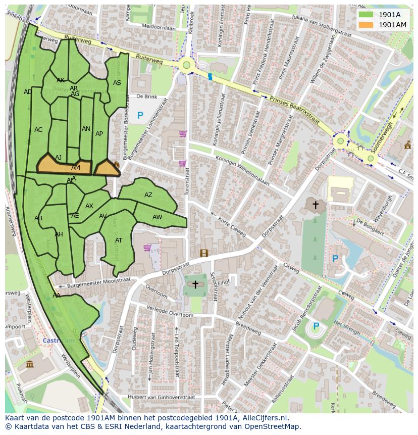 Afbeelding van het postcodegebied 1901 AM op de kaart.
