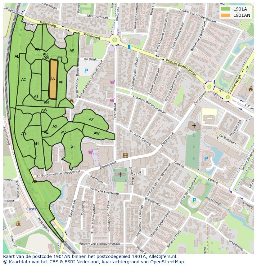 Afbeelding van het postcodegebied 1901 AN op de kaart.