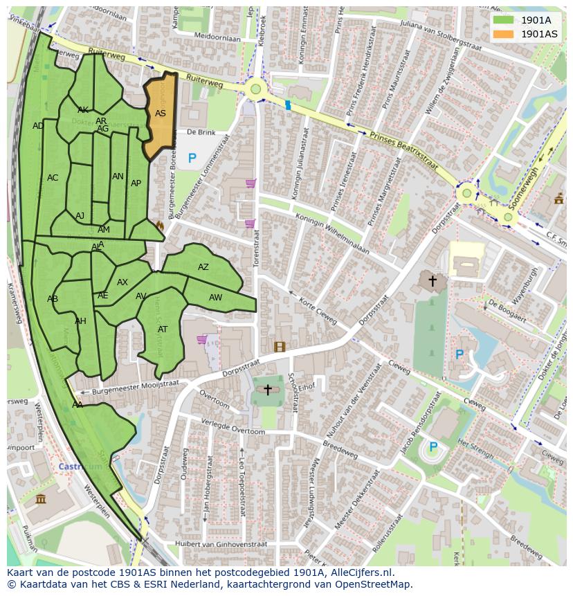 Afbeelding van het postcodegebied 1901 AS op de kaart.