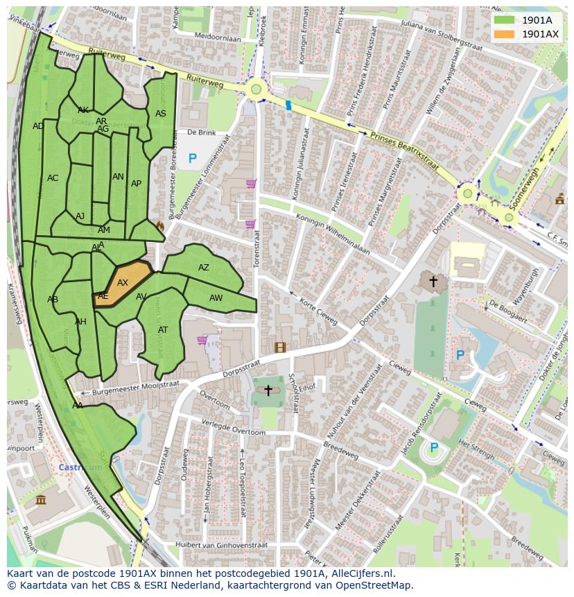 Afbeelding van het postcodegebied 1901 AX op de kaart.