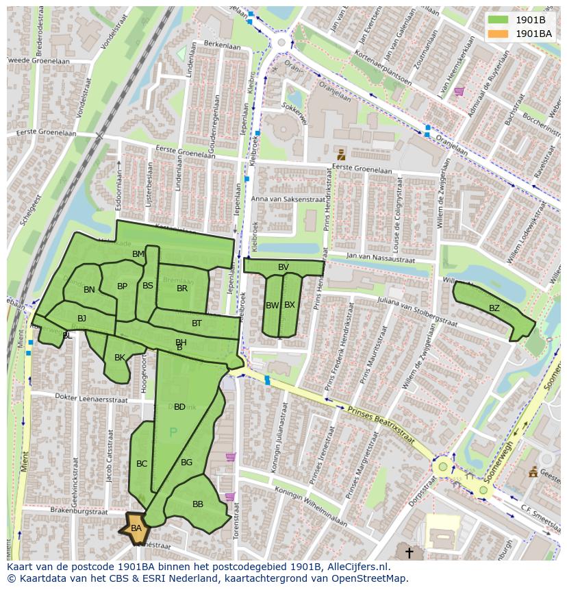 Afbeelding van het postcodegebied 1901 BA op de kaart.