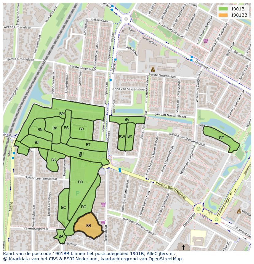 Afbeelding van het postcodegebied 1901 BB op de kaart.