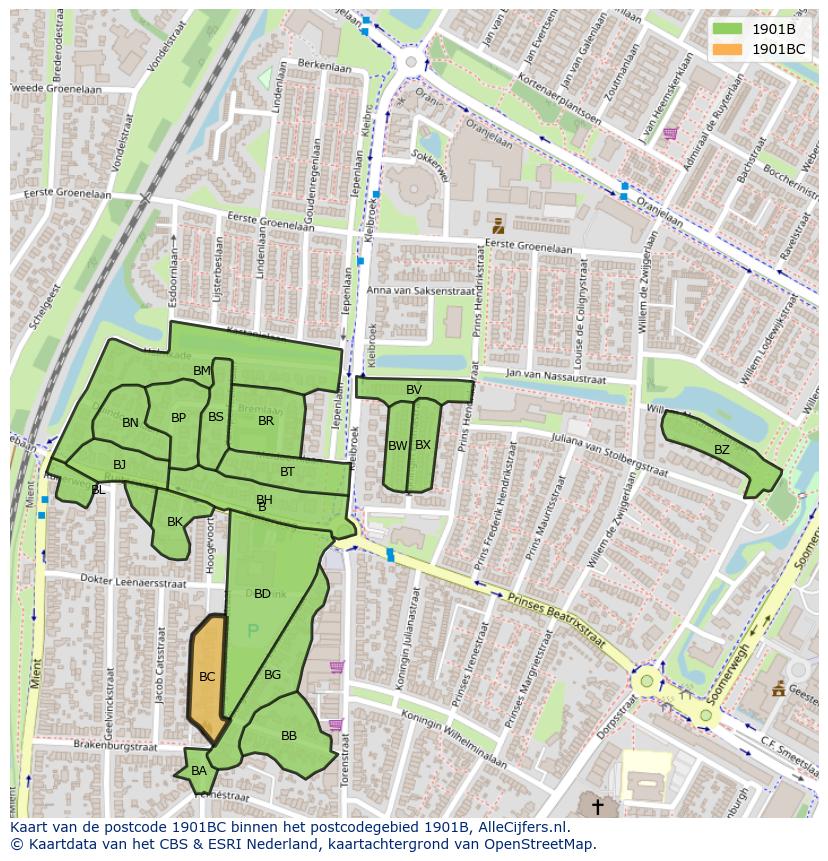 Afbeelding van het postcodegebied 1901 BC op de kaart.