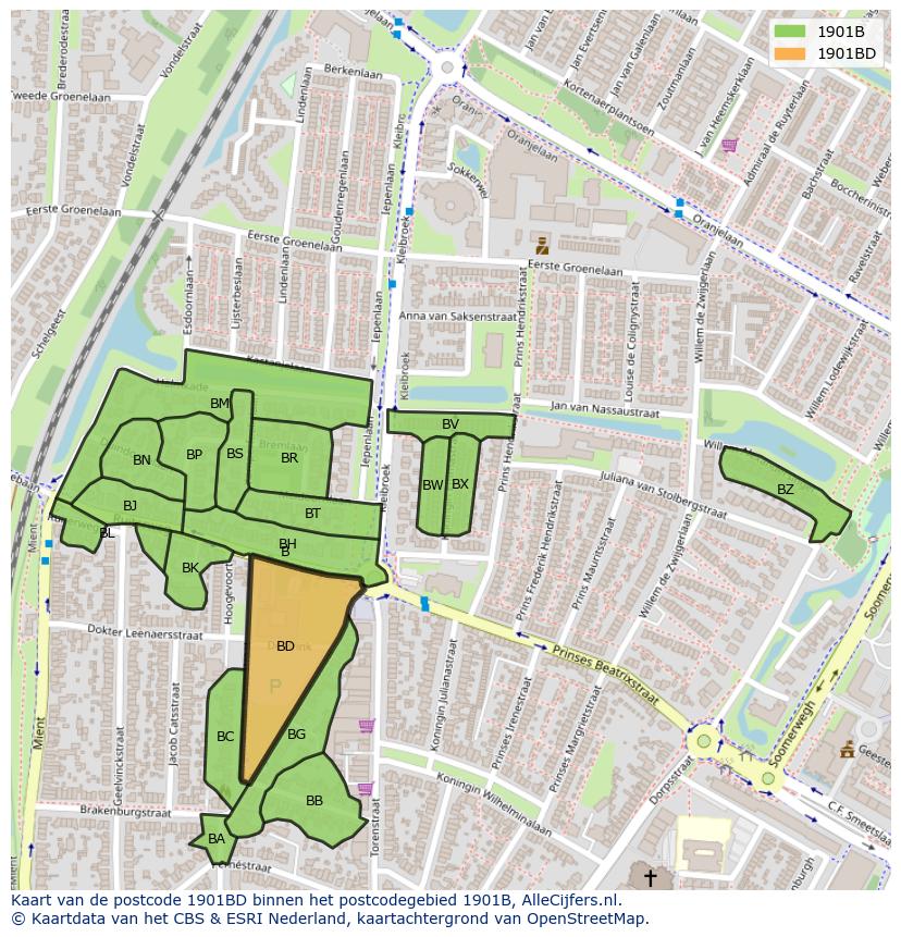Afbeelding van het postcodegebied 1901 BD op de kaart.