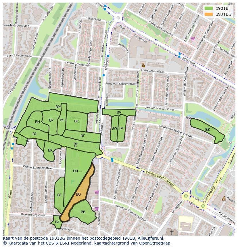 Afbeelding van het postcodegebied 1901 BG op de kaart.