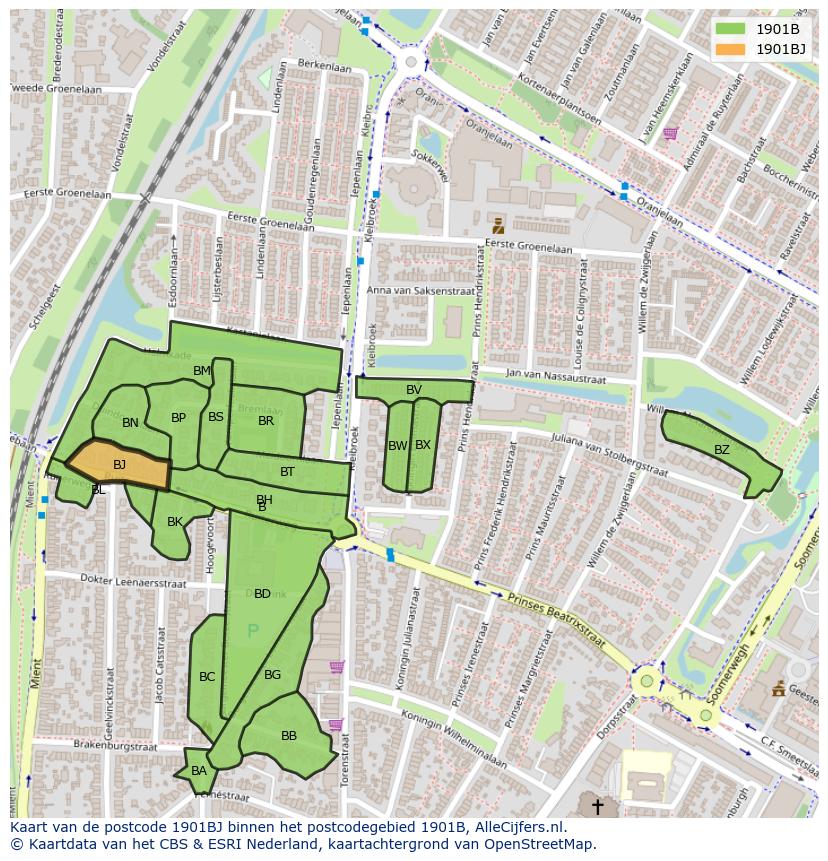 Afbeelding van het postcodegebied 1901 BJ op de kaart.