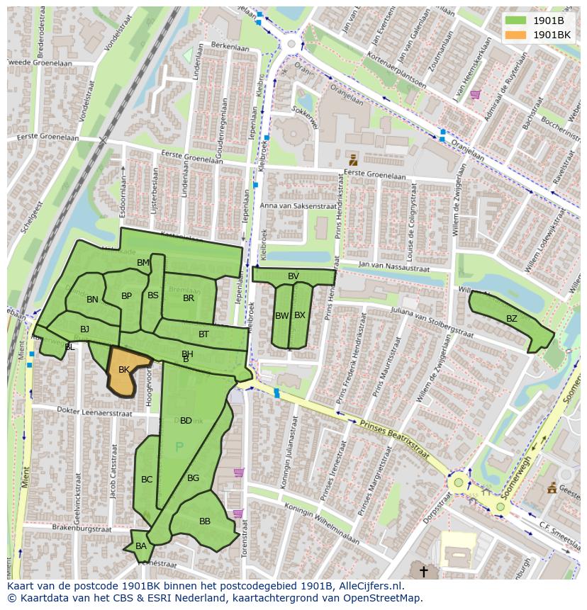 Afbeelding van het postcodegebied 1901 BK op de kaart.