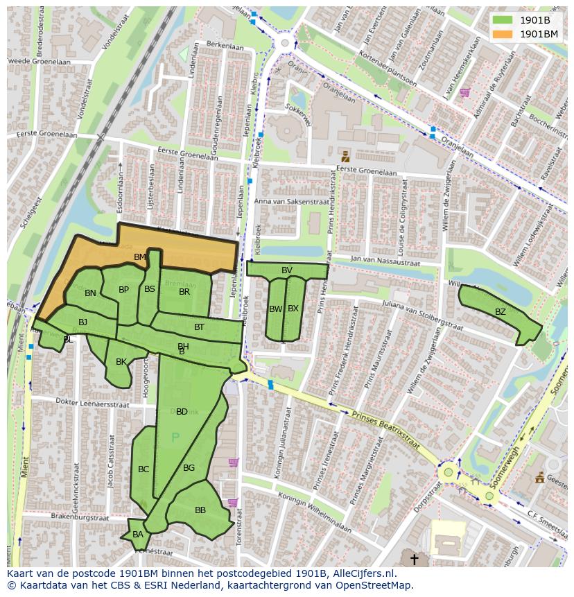 Afbeelding van het postcodegebied 1901 BM op de kaart.