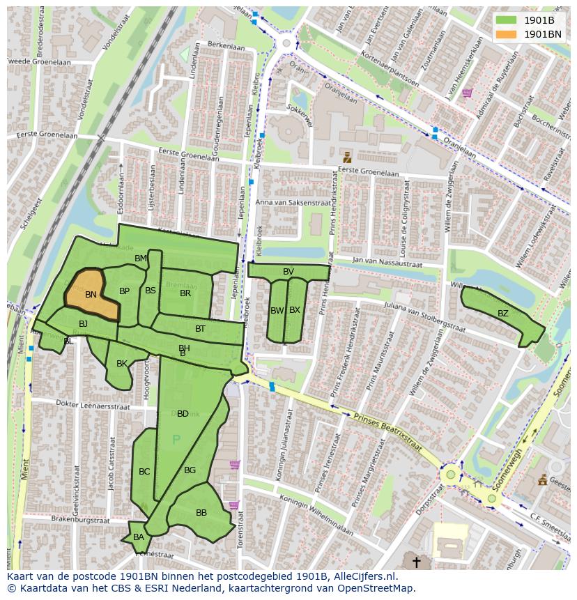 Afbeelding van het postcodegebied 1901 BN op de kaart.