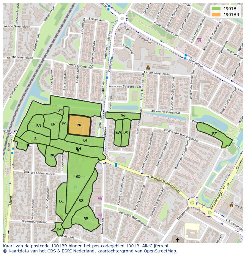 Afbeelding van het postcodegebied 1901 BR op de kaart.