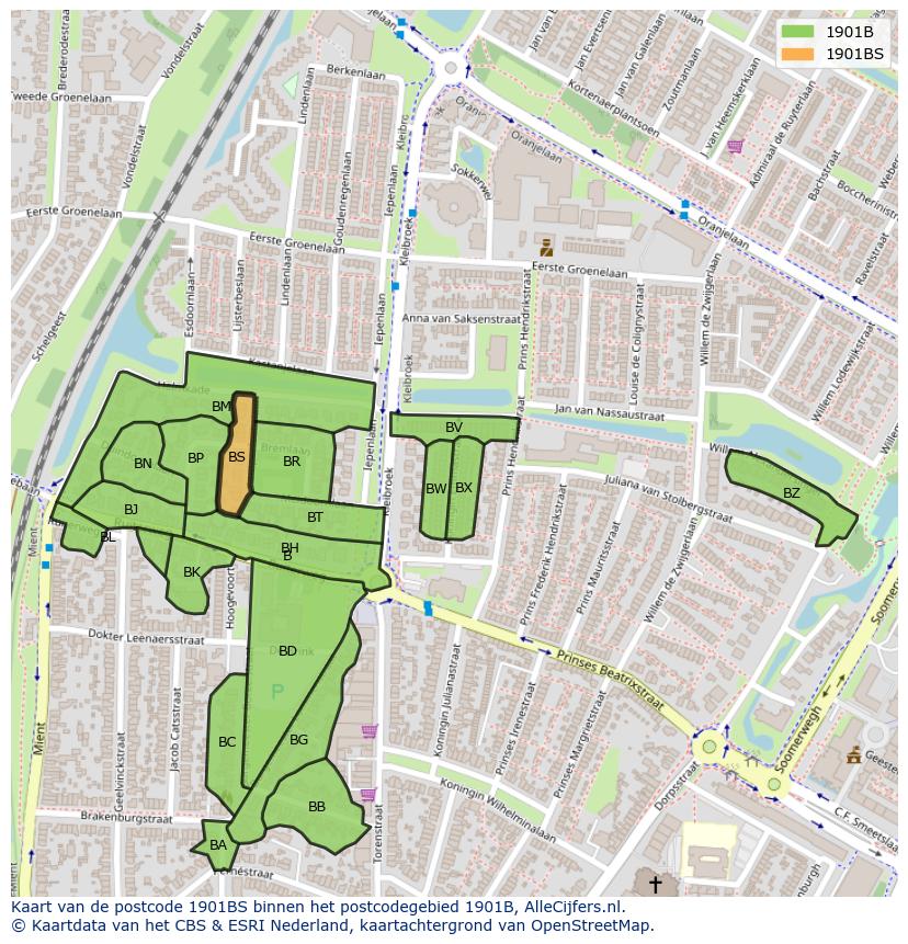 Afbeelding van het postcodegebied 1901 BS op de kaart.