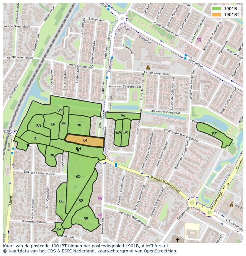 Afbeelding van het postcodegebied 1901 BT op de kaart.