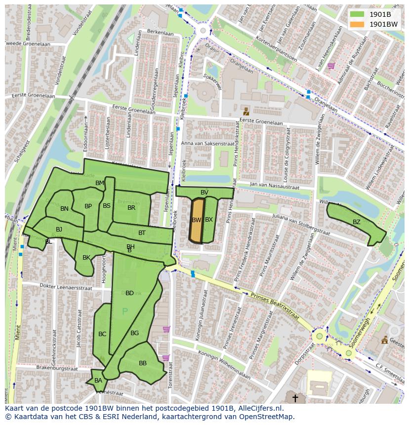 Afbeelding van het postcodegebied 1901 BW op de kaart.