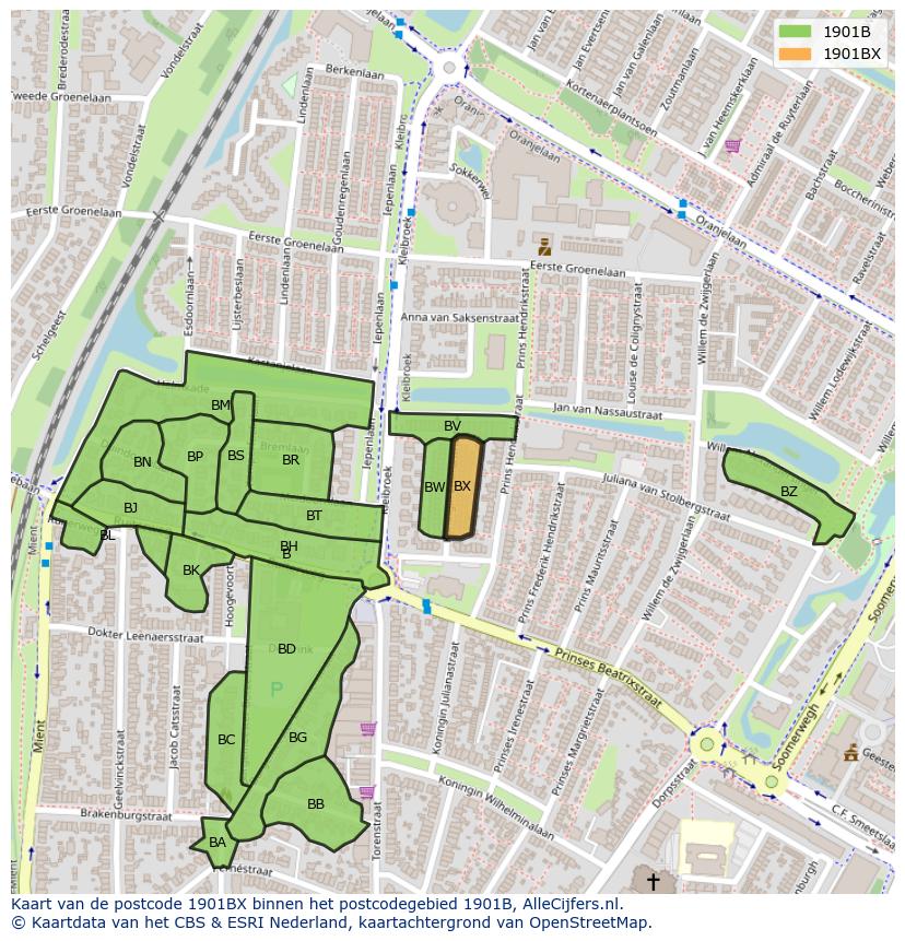 Afbeelding van het postcodegebied 1901 BX op de kaart.