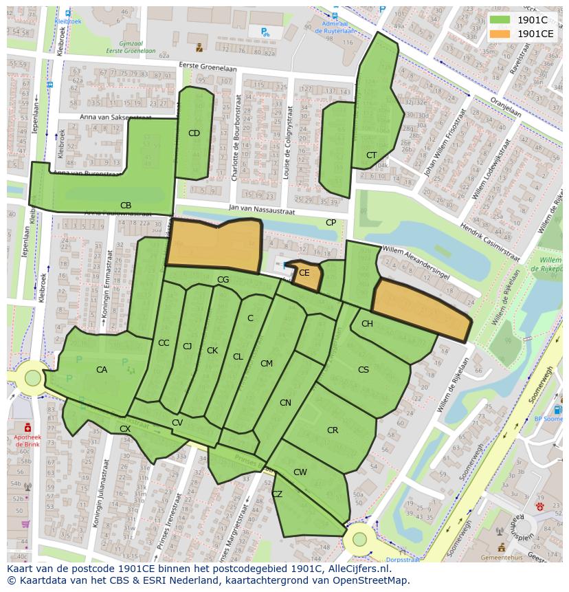 Afbeelding van het postcodegebied 1901 CE op de kaart.