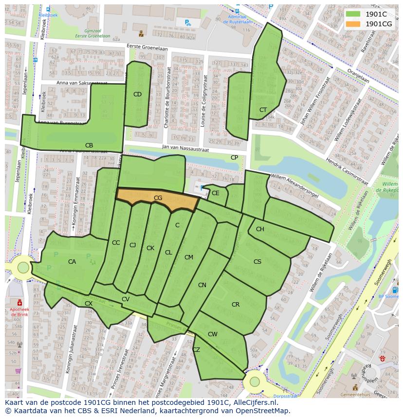 Afbeelding van het postcodegebied 1901 CG op de kaart.