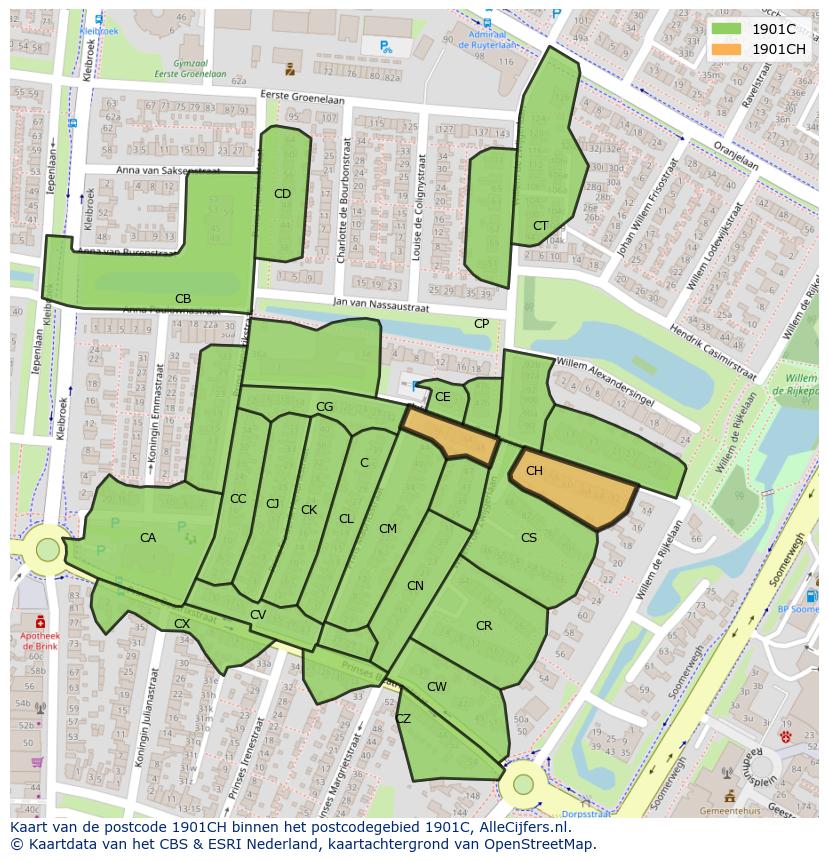 Afbeelding van het postcodegebied 1901 CH op de kaart.