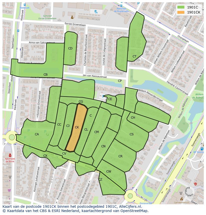 Afbeelding van het postcodegebied 1901 CK op de kaart.