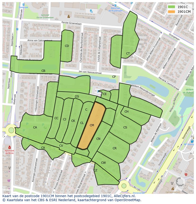 Afbeelding van het postcodegebied 1901 CM op de kaart.