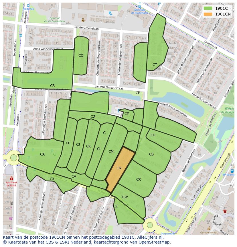 Afbeelding van het postcodegebied 1901 CN op de kaart.