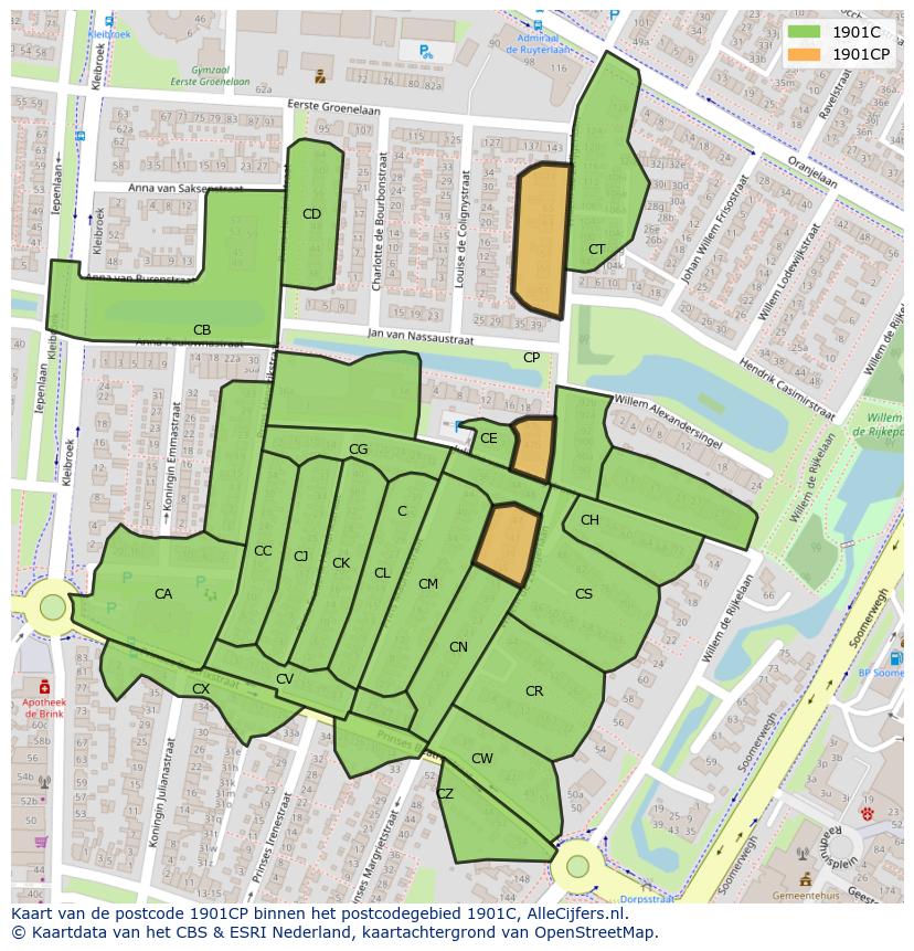 Afbeelding van het postcodegebied 1901 CP op de kaart.