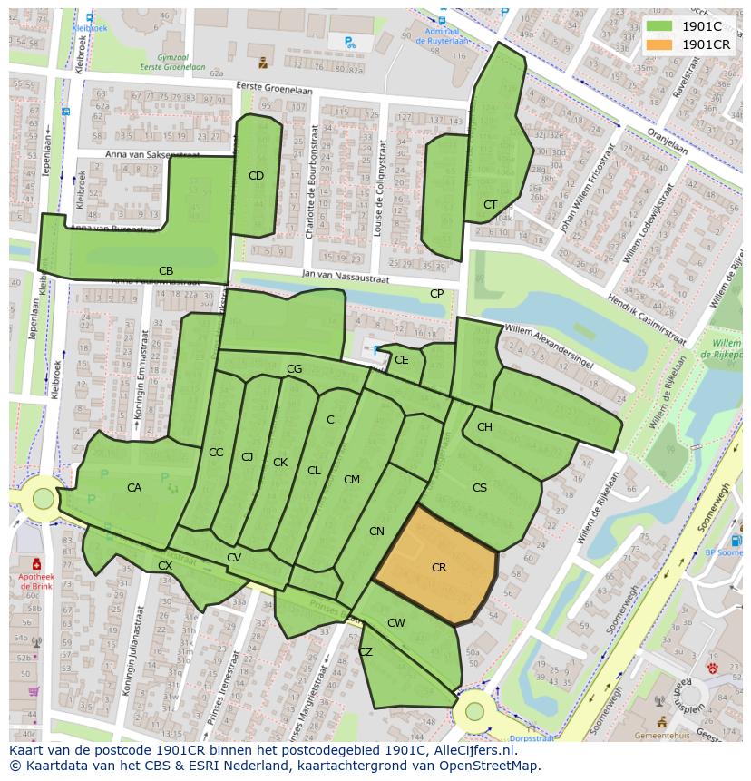 Afbeelding van het postcodegebied 1901 CR op de kaart.
