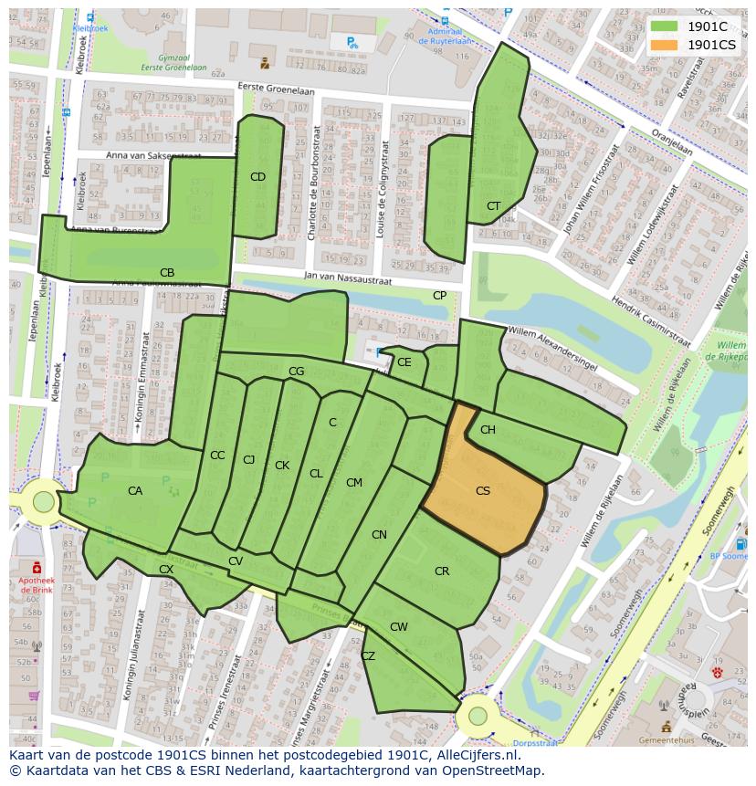 Afbeelding van het postcodegebied 1901 CS op de kaart.