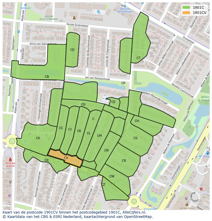 Afbeelding van het postcodegebied 1901 CV op de kaart.
