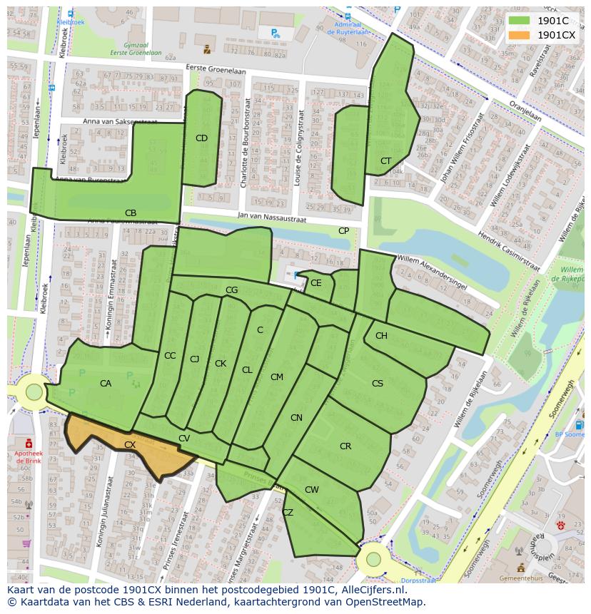 Afbeelding van het postcodegebied 1901 CX op de kaart.