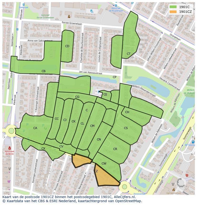 Afbeelding van het postcodegebied 1901 CZ op de kaart.
