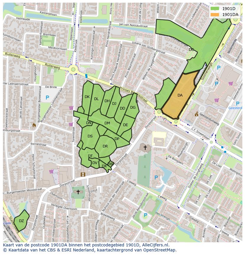 Afbeelding van het postcodegebied 1901 DA op de kaart.