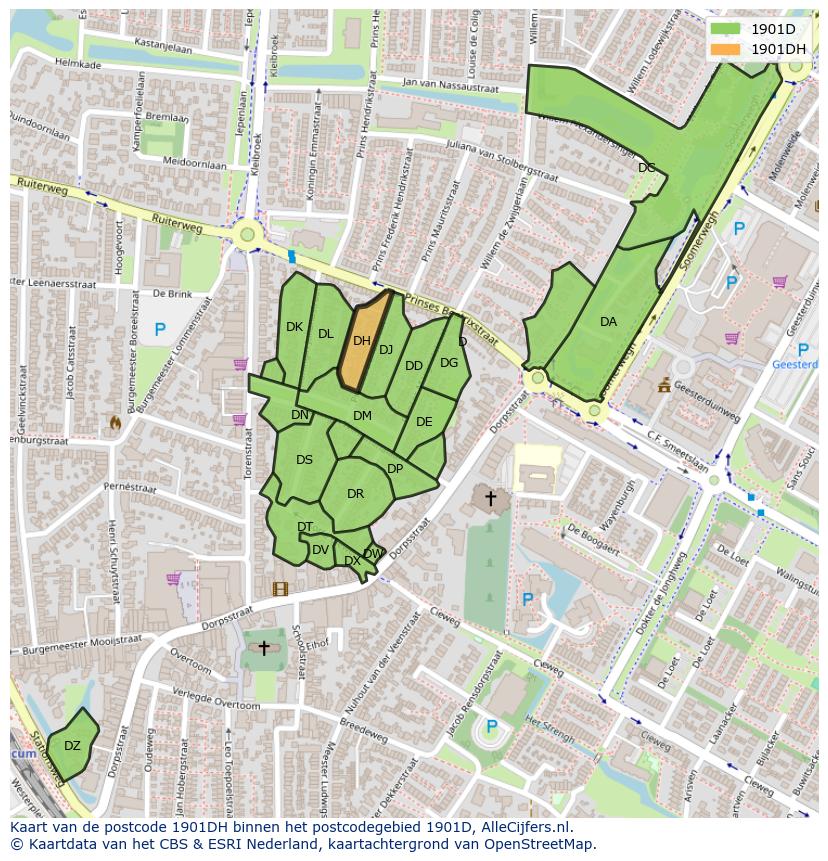 Afbeelding van het postcodegebied 1901 DH op de kaart.